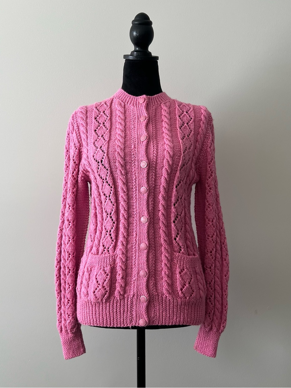 Pink Cable Knit Button-Up Women's Sweater Crochet Handmade